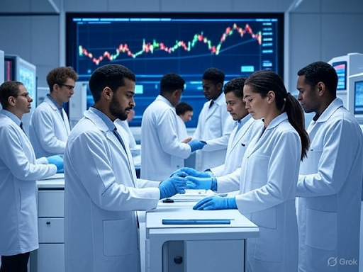 Medical researchers in lab discussing innovation with stock market data chart in background, highlighting growth of medtech stocks and IP-driven healthcare technology