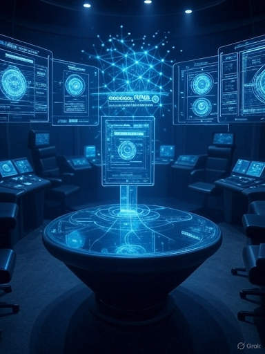 Futuristic AI defense room with holograms and data insights
