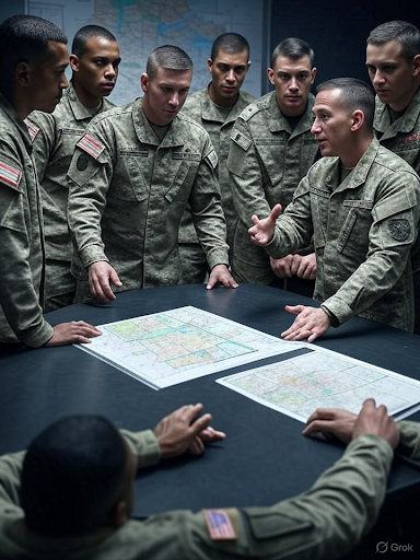US Military defense strategizing in a room together