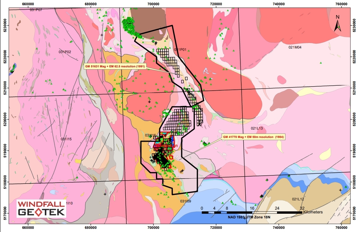 Map showing VTEM survey results and identified geophysical anomalies