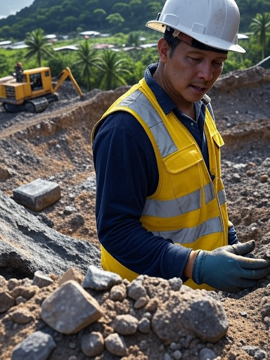 Mining engineer in safety gear inspecting rocks at a gold exploration site in Colombia's Bolvar region with excavation equipment in the background.