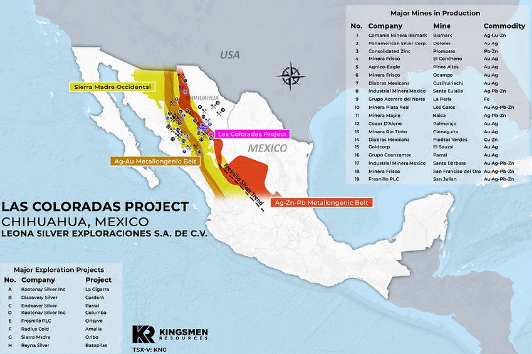 Map of Kingsmen Resources Ltd. (TSXV: KNG) (OTCQB: KNGRF) (FSE: TUY) LAS COLORADAS PROJECT