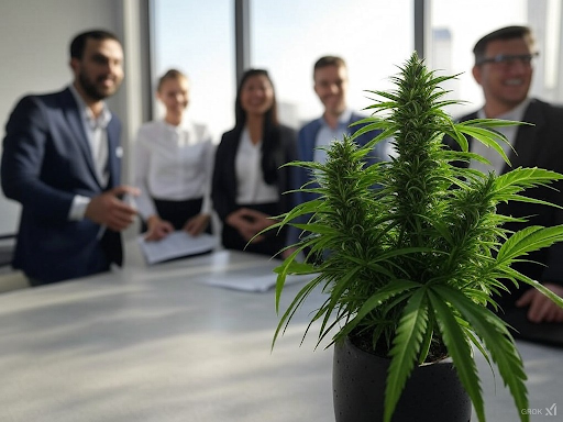 Cannabis plant in office meeting with investors discussing marijuana stock market growth