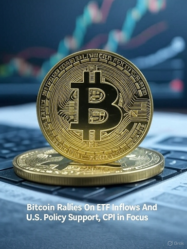 Picture of bitcoin captioned Bitcoin Rallies on ETF Inflows And U.S. Policy Support, CPI in Focus