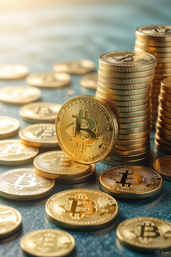 Stacks of golden Bitcoin cryptocurrency coins symbolizing digital currency, crypto mining, and blockchain investment opportunities