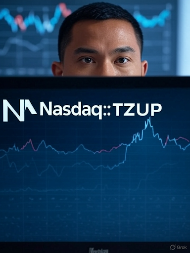 Investor looking at cryptocurrency stock charts with Nasdaq: TZUP logo, highlighting Thumzup Media Corporation's Dogecoin and Bitcoin trends for investors