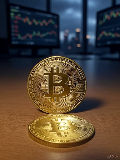 Bitcoin coins with trading charts in background as cryptocurrency market faces correction and liquidation pressure