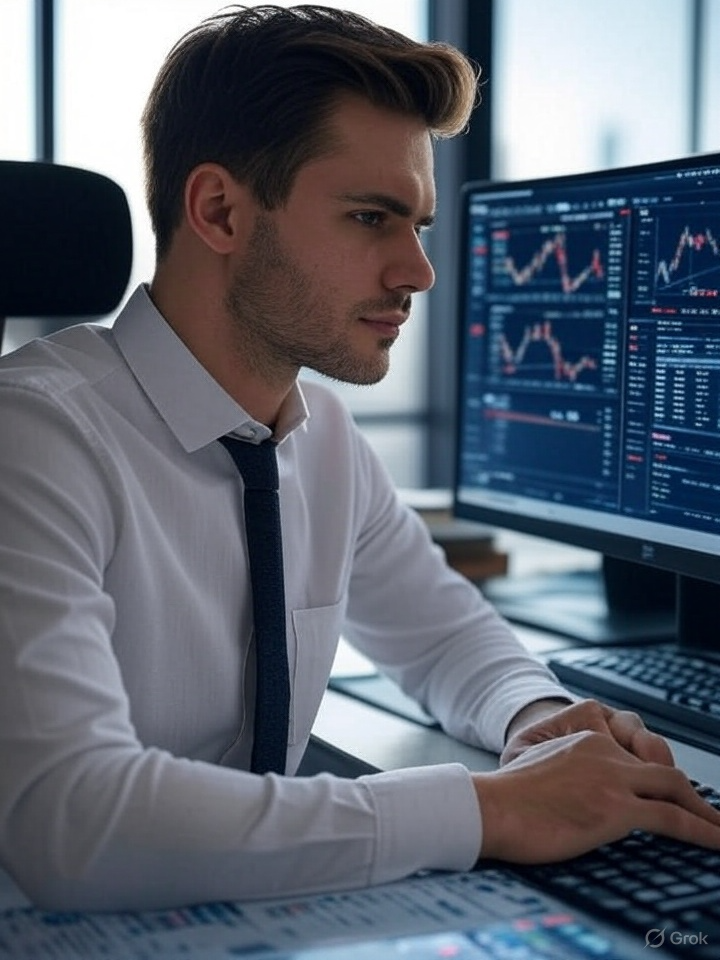 Crypto trader analyzing charts on computer while using Bybit trading bot for automated cryptocurrency trading strategy