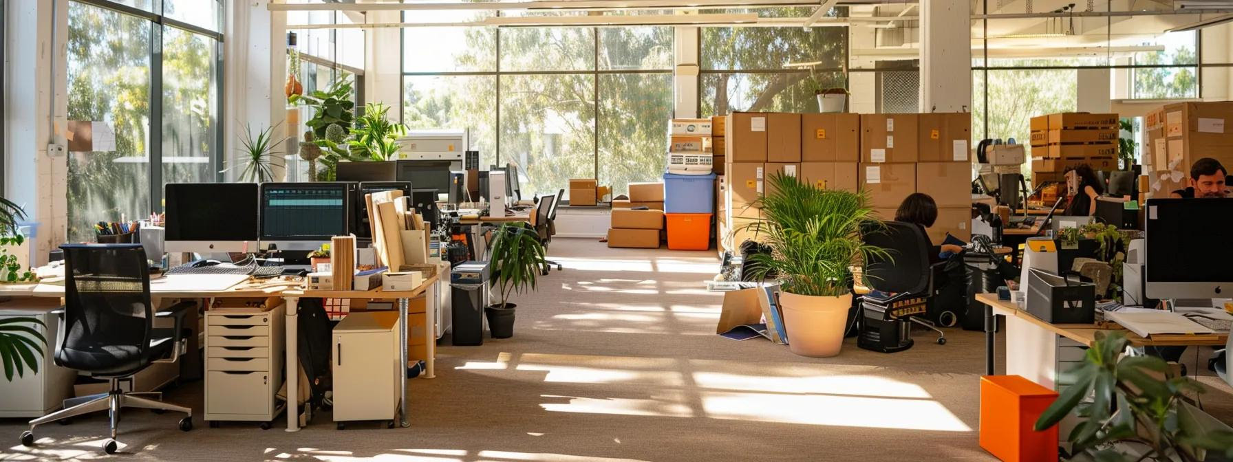 A bustling urban office environment in Perth with professional removalists handling a relocation efficiently