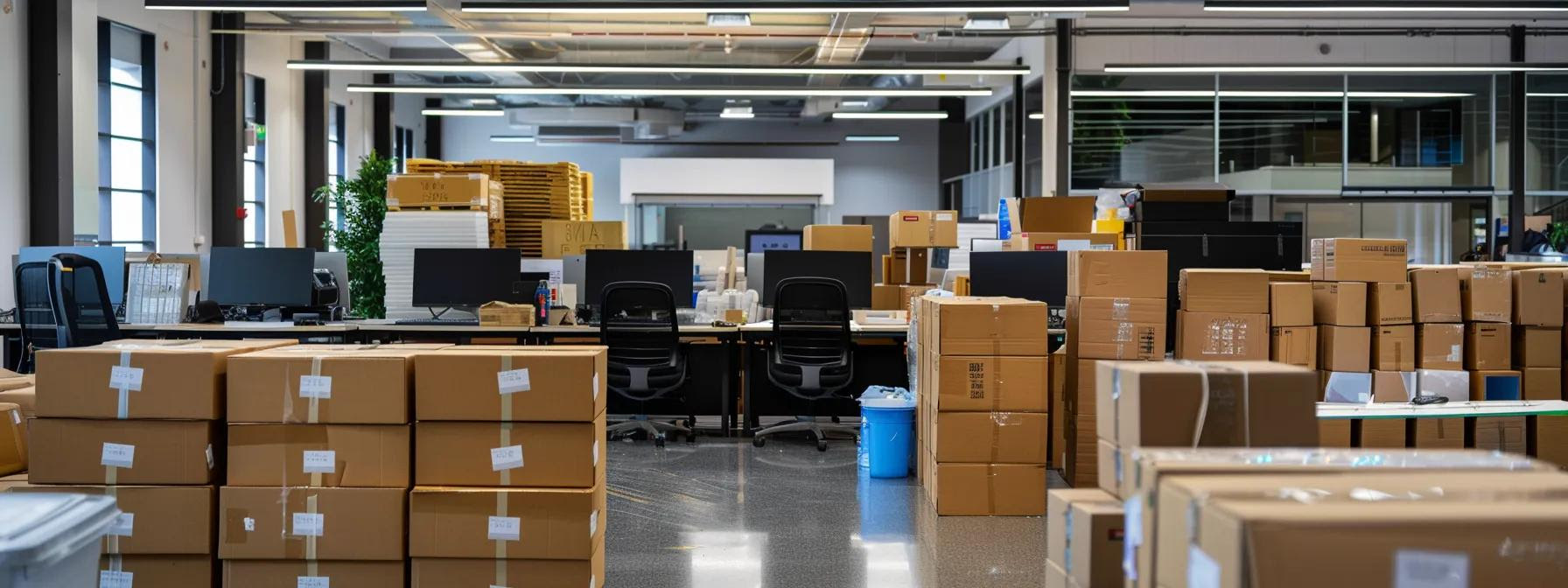 Professional office movers organize labeled cardboard boxes and furniture in a modern workspace, preparing for a commercial relocation in Perth.