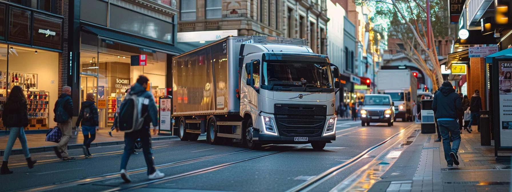 A large moving truck drives through a busy urban street in Perth at dusk, navigating pedestrians and city traffic during a relocation.