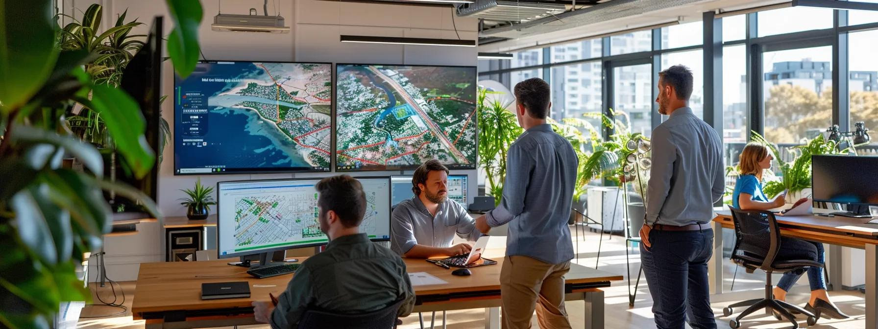 Logistics professionals in a modern office analyzing maps and planning routes for local and interstate removalist services in Perth.