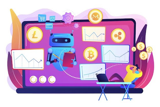 Robot using AI to analyze cryptocurrency trading charts on a laptop screen, with symbols for Bitcoin, Litecoin, Monero, and Ripple