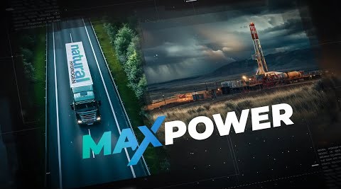 MAX Power Mining visual with hydrogen transport truck and drilling rig highlighting natural hydrogen exploration in Saskatchewan