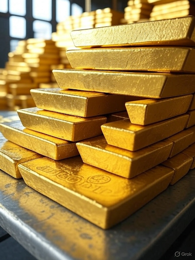 Stack of gold bars as gold price surges to fresh record high amid geopolitical risks and safe haven demand