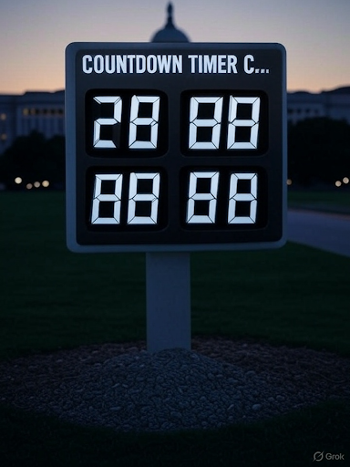 Digital countdown timer display in front of the US Capitol building, symbolizing the countdown to a potential US government shutdown