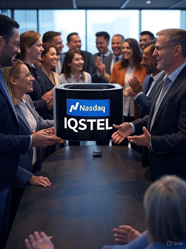 Team of professionals celebrating IQSTEL's 120 days on Nasdaq with investor recognition and AI telecom growth strategy