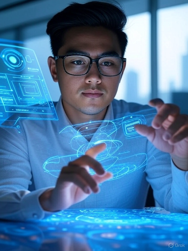 Business professional using futuristic AI-powered telecom interface with holographic data visualization