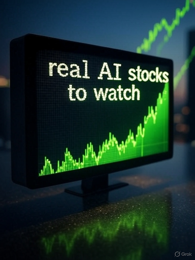 Computer screen showing green stock market chart with the words 'real AI stocks to watch', symbolizing AI investing and trending technology stocks.
